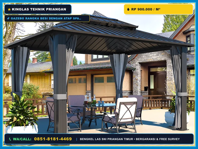 Gazebo rangka besi dengan atap spandek untuk halaman rumah