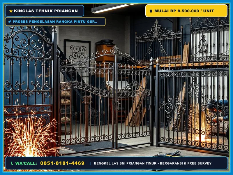 Proses pengelasan rangka pintu gerbang besi