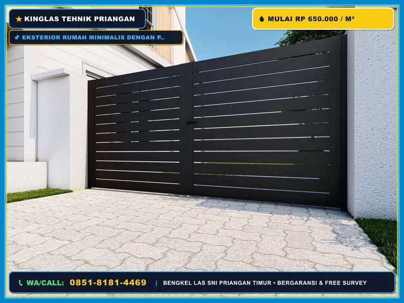 Eksterior rumah minimalis dengan pagar besi swing dua daun warna hitam