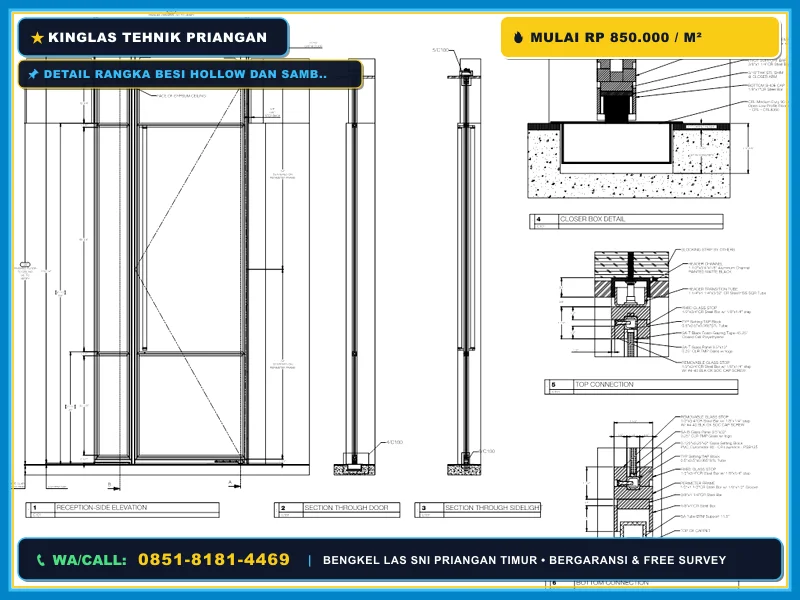 Detail rangka besi hollow dan sambungan las partisi kaca