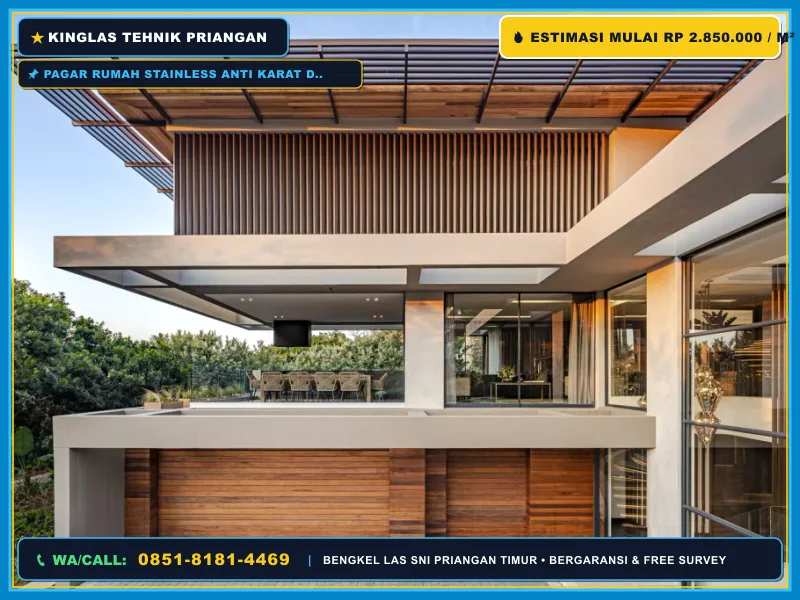Pagar rumah stainless anti karat dengan ornamen kuningan bergaya modern