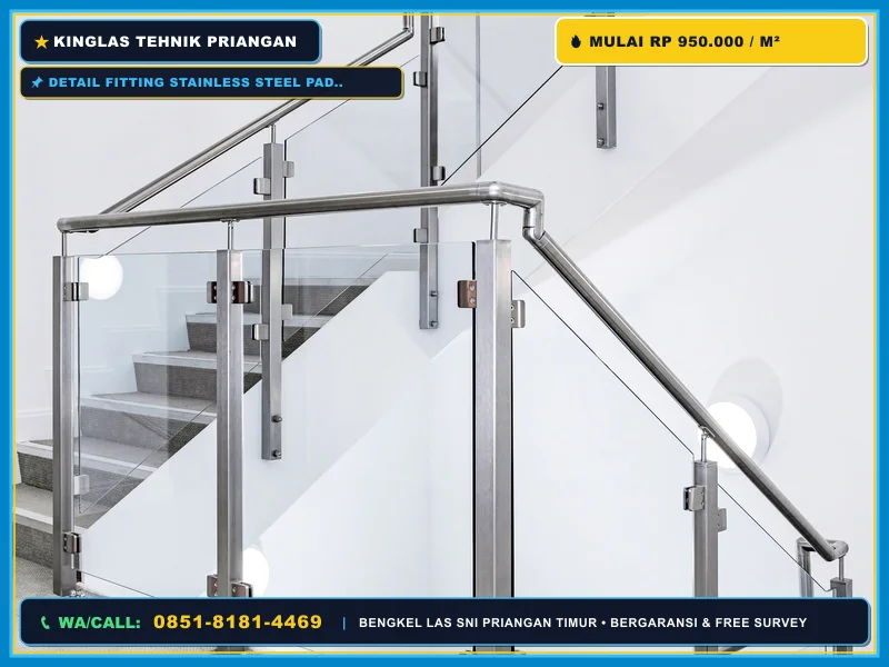 Detail fitting stainless steel pada railing tangga kaca tempered frameless