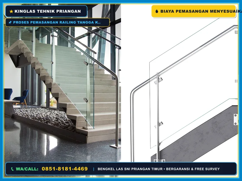 Proses pemasangan railing tangga kaca oleh teknisi profesional