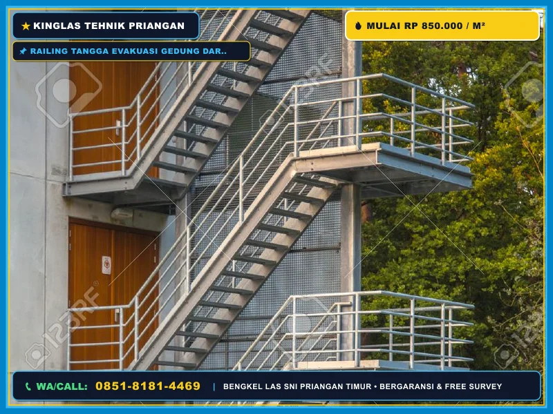 Railing tangga evakuasi gedung dari besi galvanis