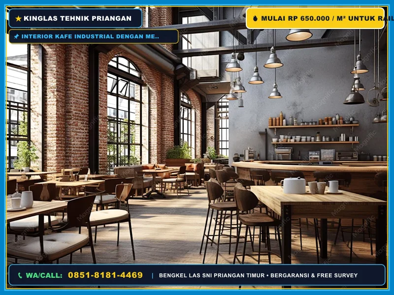 Interior kafe industrial dengan mezzanine dan railing besi