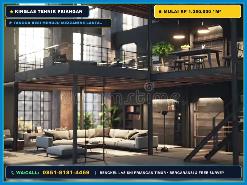 Tangga besi menuju mezzanine lantai kayu di kafe industrial