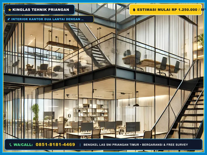 Interior kantor dua lantai dengan struktur mezzanine besi