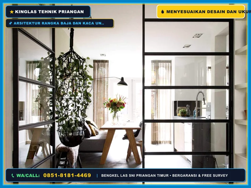 Arsitektur rangka baja dan kaca untuk partisi interior