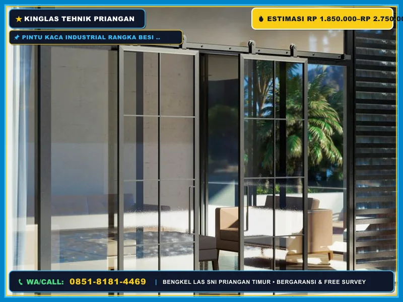 Pintu kaca industrial rangka besi pada fasad rumah modern