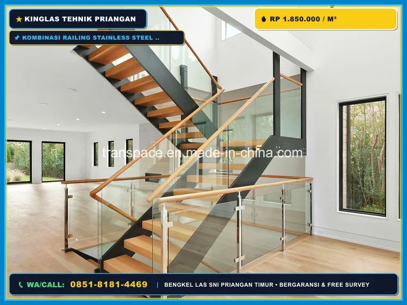 Kombinasi railing stainless steel dengan tangga kayu dan kaca
