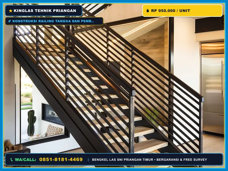 Konstruksi railing tangga dan pembatas void besi untuk rumah bertingkat