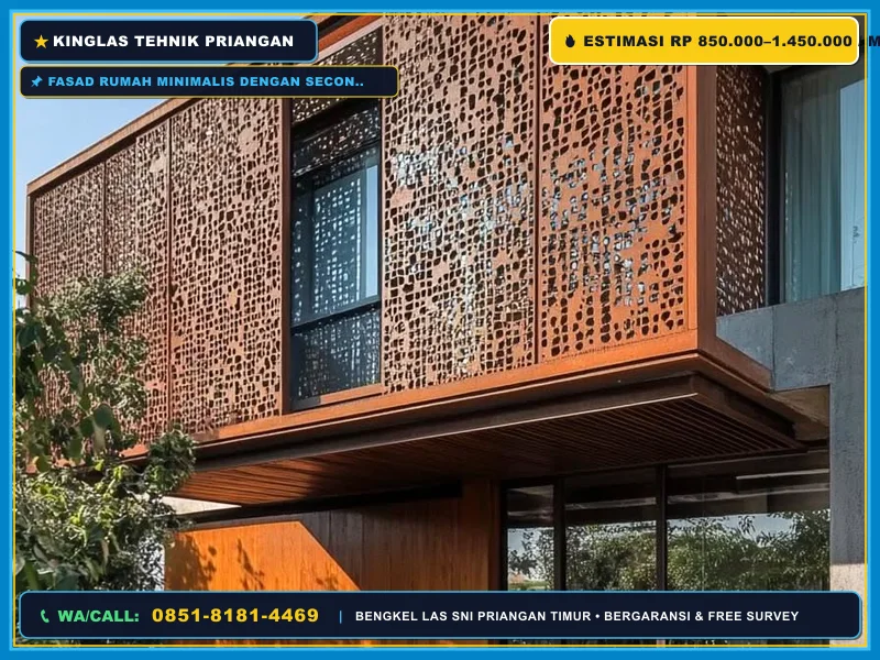 Fasad rumah minimalis dengan secondary skin besi perforated