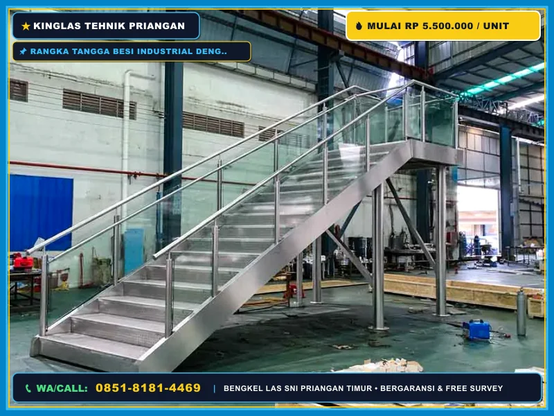 Rangka tangga besi industrial dengan plat bordes