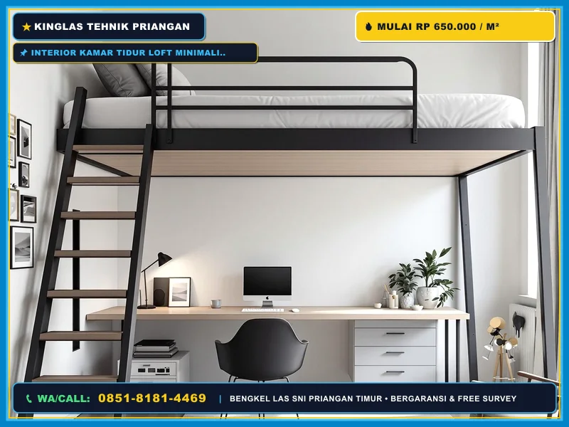 Interior kamar tidur loft minimalis dengan railing besi