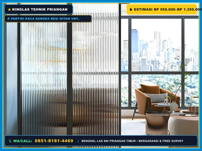 Partisi kaca rangka besi hitam untuk sekat ruangan kantor modern