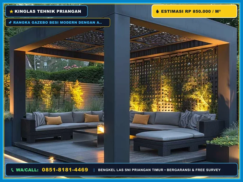 Rangka gazebo besi modern dengan atap metal untuk hunian