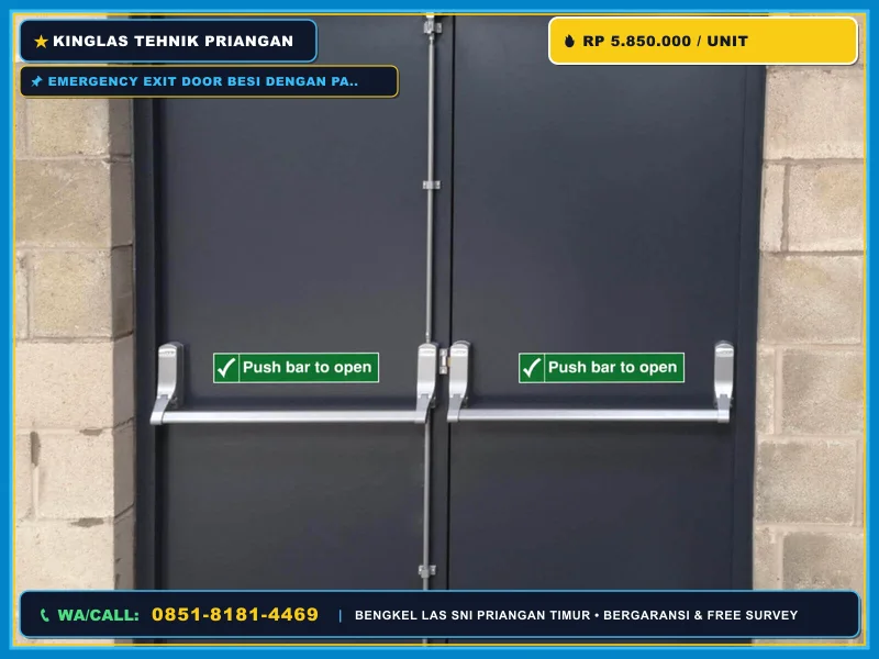 Emergency exit door besi dengan panic bar dan rambu evakuasi