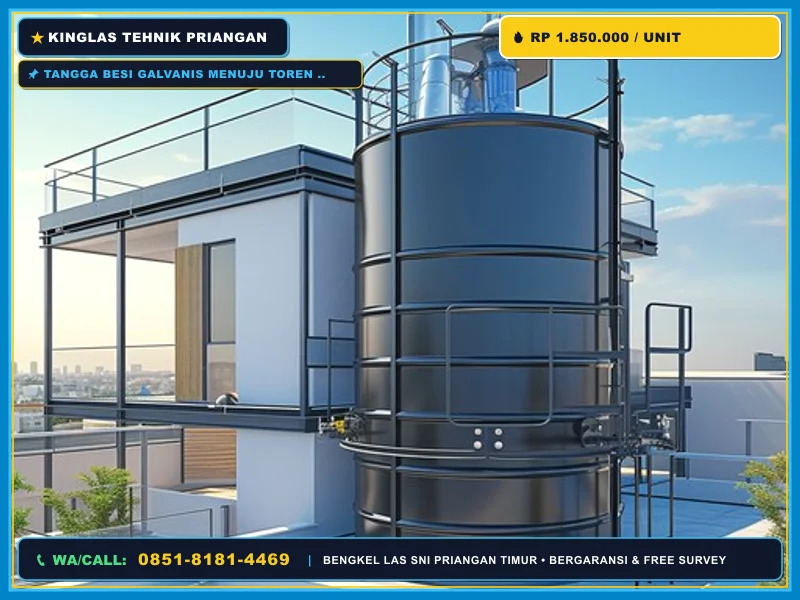 Tangga besi galvanis menuju toren air rumah