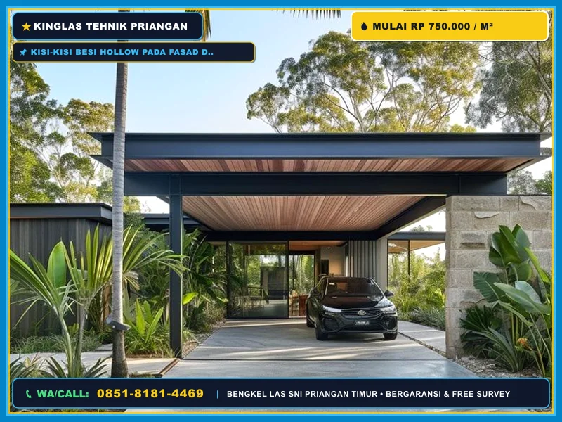 Kisi-kisi besi hollow pada fasad dan carport rumah modern