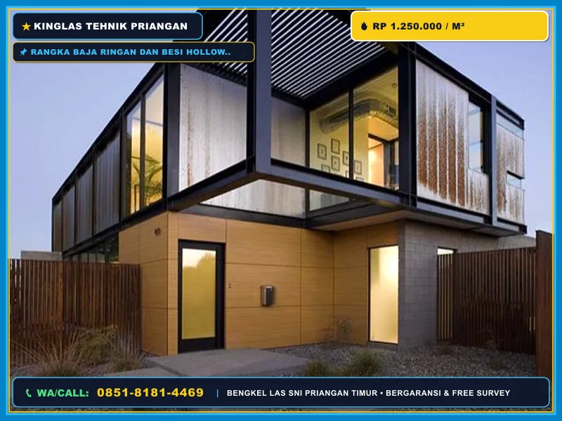 Rangka baja ringan dan besi hollow pada fasad rumah modern
