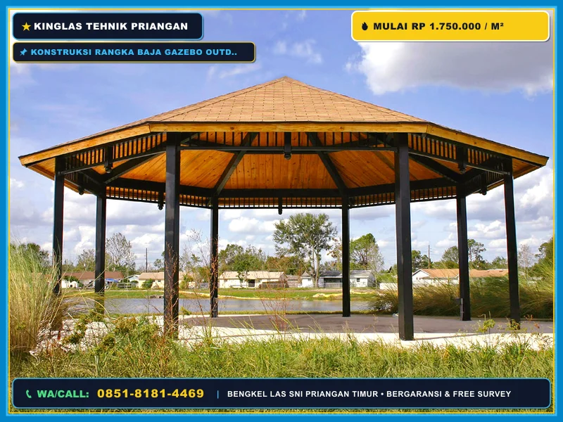 Konstruksi rangka baja gazebo outdoor dengan atap spandek