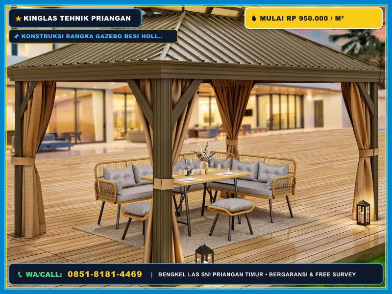 Konstruksi rangka gazebo besi hollow dengan atap spandek