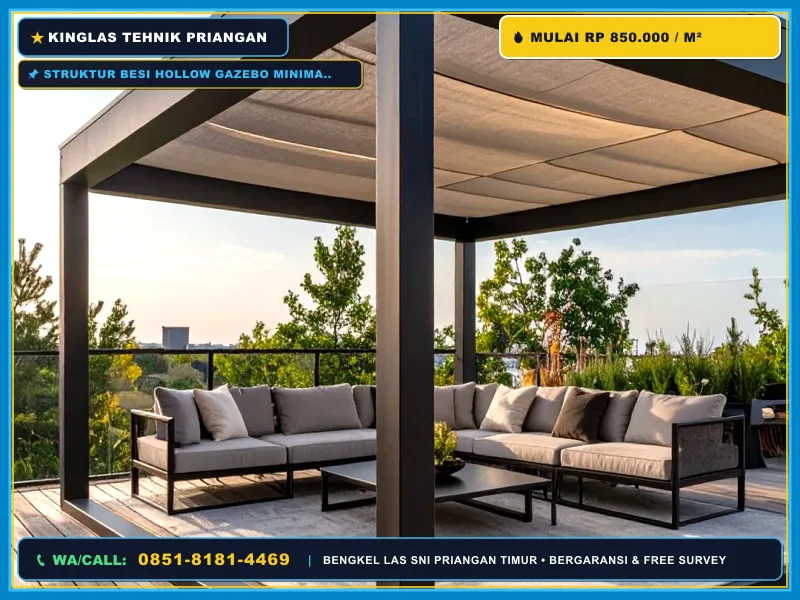 Struktur besi hollow gazebo minimalis dengan atap spandek