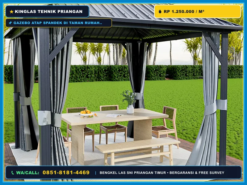 Gazebo atap spandek di taman rumah tropis