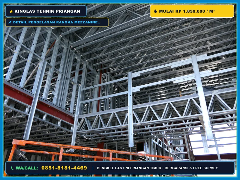 Detail pengelasan rangka mezzanine besi hollow dan plat lantai