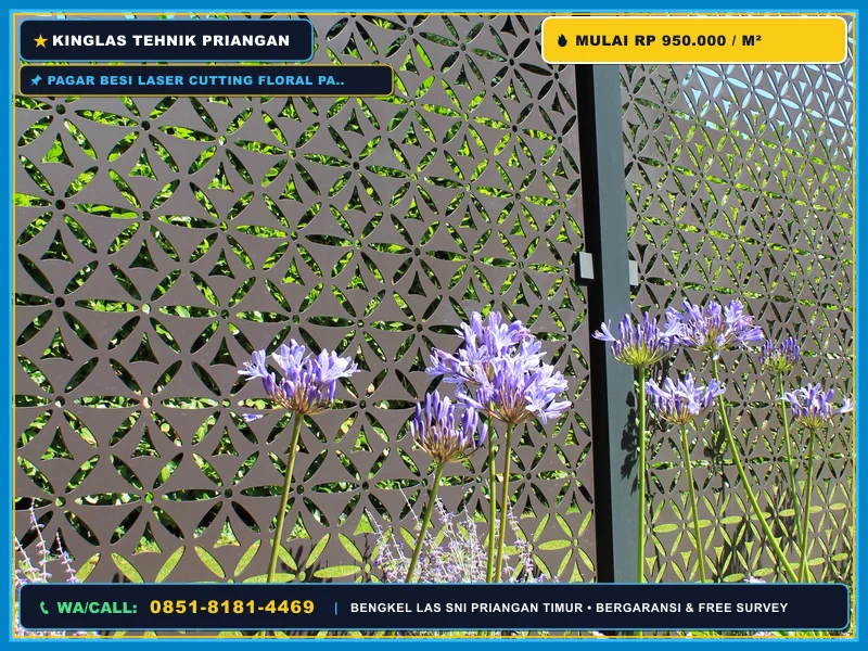 Pagar besi laser cutting floral pada rumah modern di Kawali