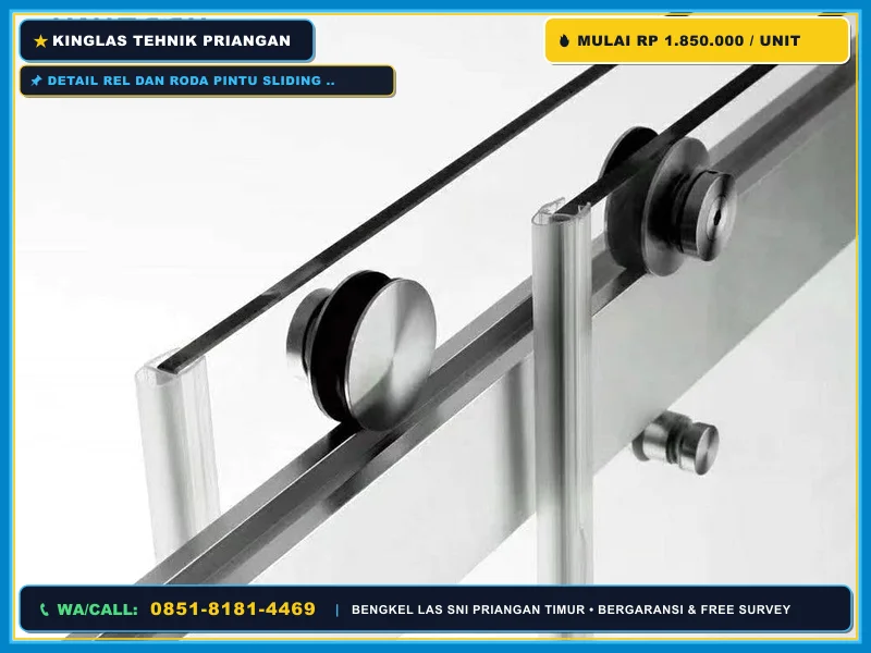 Detail rel dan roda pintu sliding kaca rangka besi