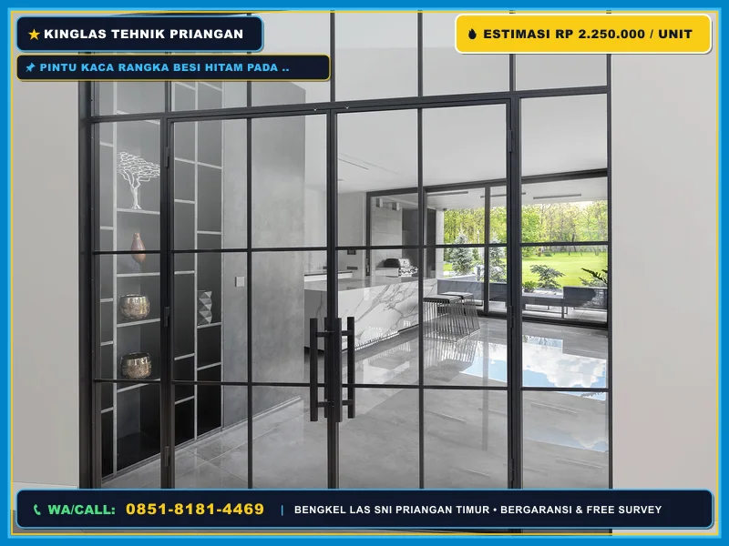 Pintu kaca rangka besi hitam pada rumah minimalis