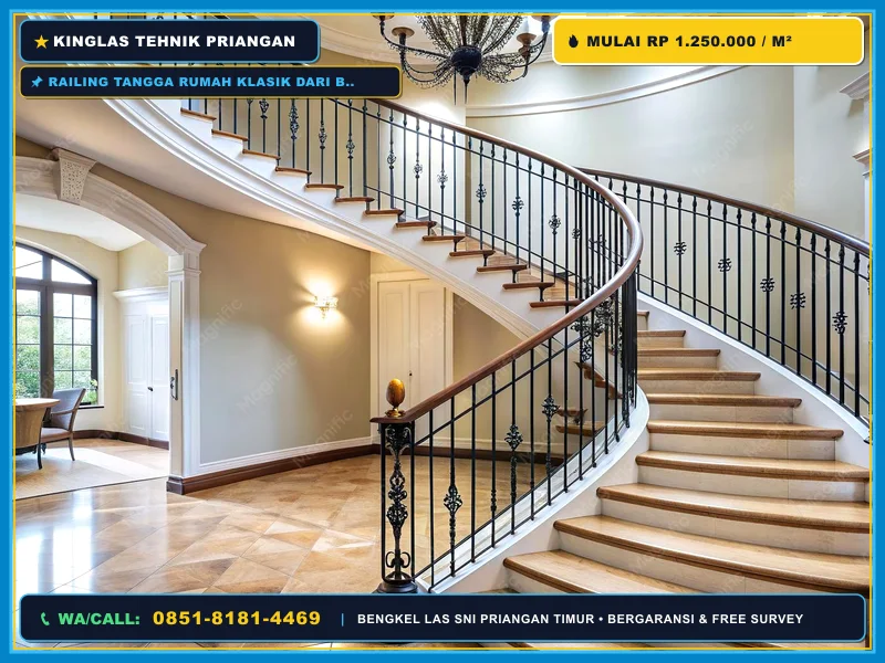 Railing tangga rumah klasik dari besi tempa dengan ornamen dekoratif