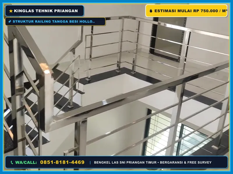 Struktur railing tangga besi hollow dan wiremesh