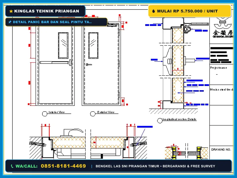Detail panic bar dan seal pintu tahan api