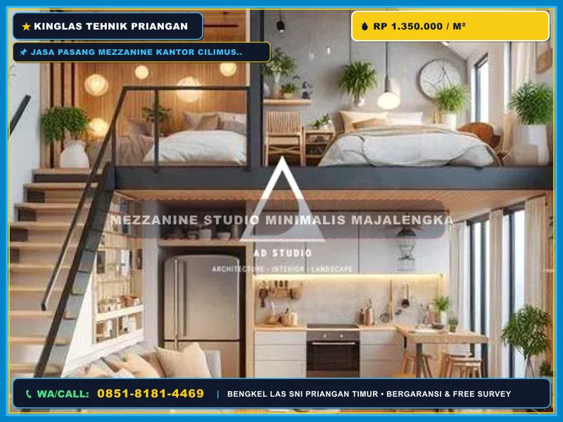 Struktur besi WF pada mezzanine kantor dengan plafon tinggi