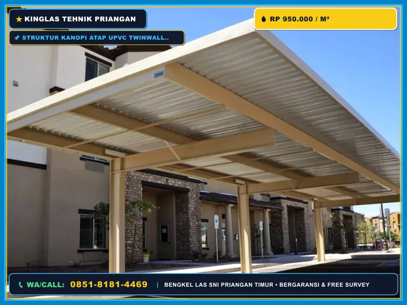 Struktur kanopi atap uPVC twinwall dengan rangka besi galvanis