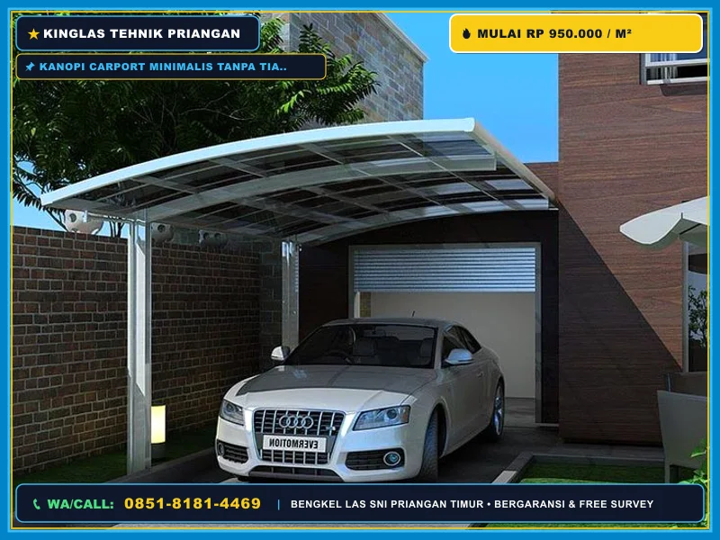 Kanopi carport minimalis tanpa tiang dengan atap polycarbonate di Kadipaten