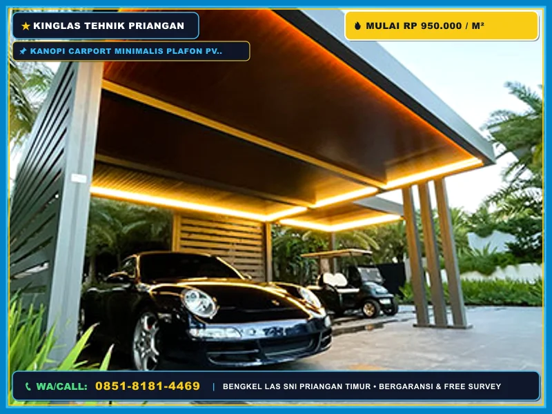 Kanopi carport minimalis plafon PVC dengan pencahayaan LED warm white