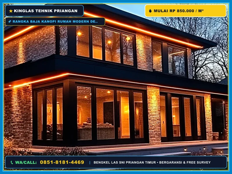 Rangka baja kanopi rumah modern dengan plafon PVC dan lampu strip