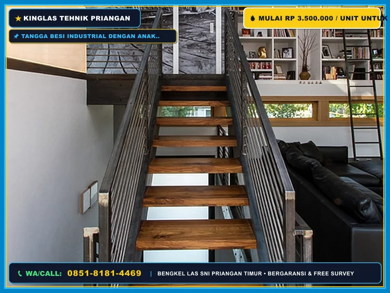 Tangga besi industrial dengan anak tangga kayu menuju mezzanine kafe