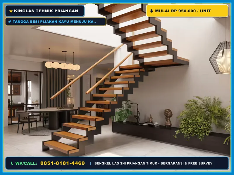Tangga besi pijakan kayu menuju kamar mezzanine konsep loft
