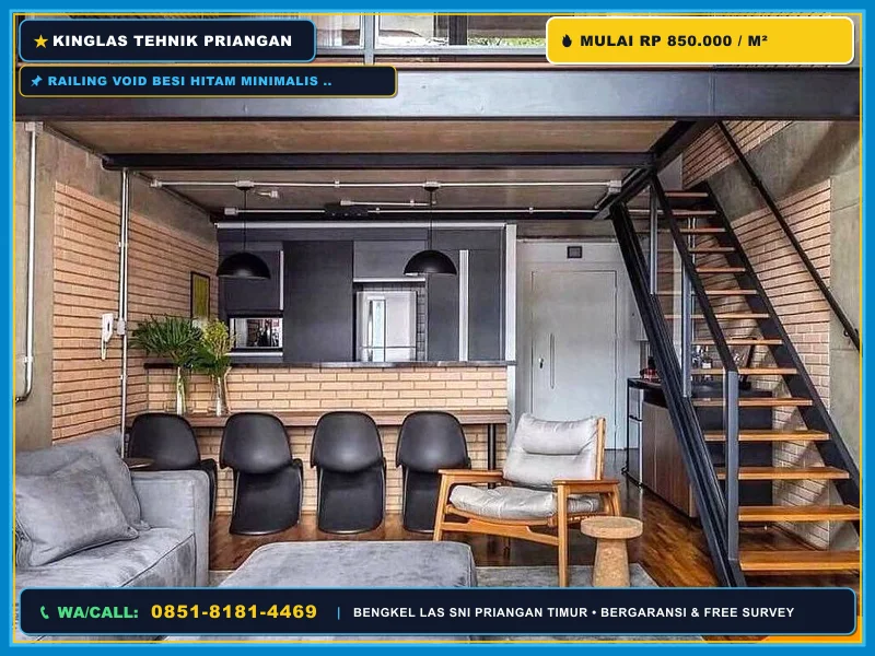 Railing void besi hitam minimalis untuk mezzanine kamar tidur