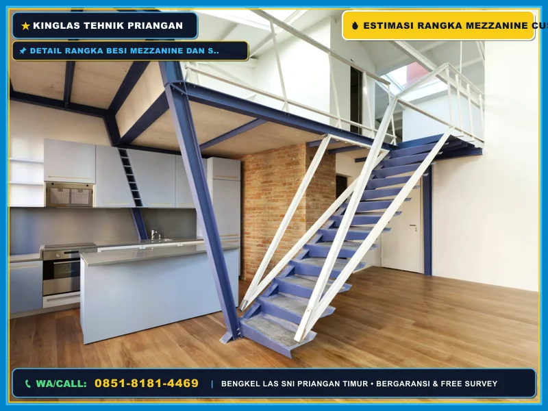 Detail rangka besi mezzanine dan sambungan las konstruksi