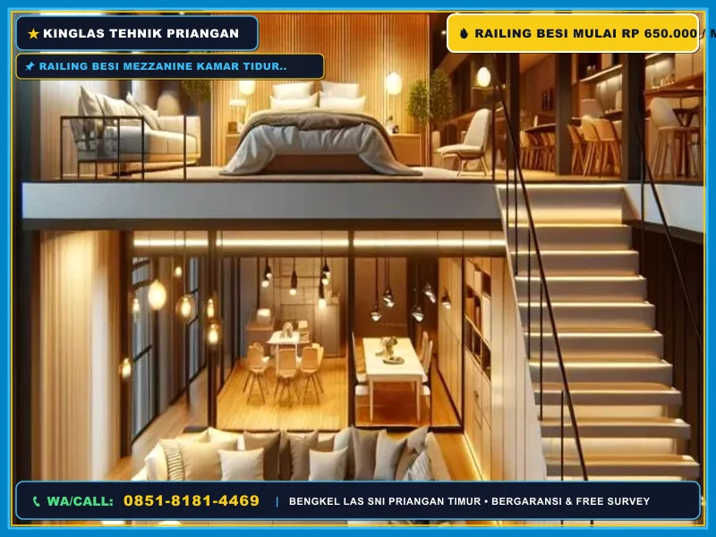 Railing besi mezzanine kamar tidur dan pencahayaan atap transparan