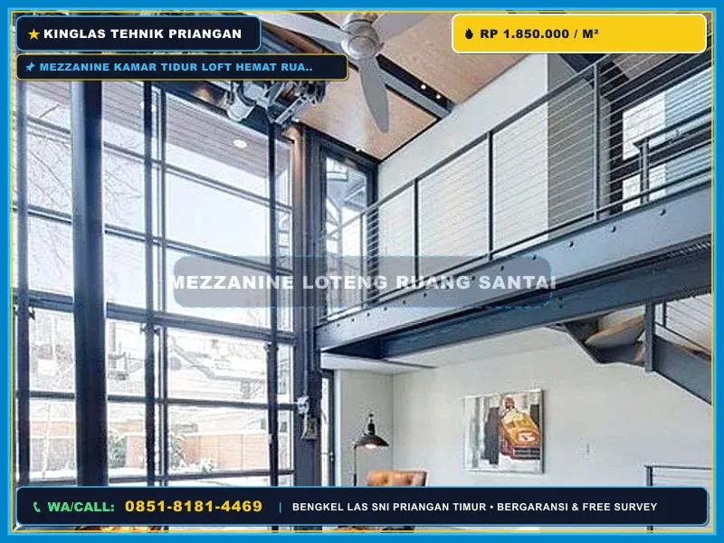 Tangga besi minimalis menuju kamar mezzanine konsep loft