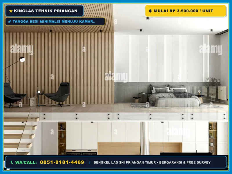 Tangga besi minimalis menuju kamar mezzanine konsep loft