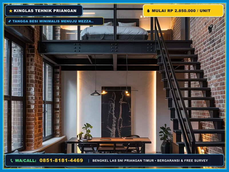 Tangga besi minimalis menuju mezzanine kamar tidur konsep loft