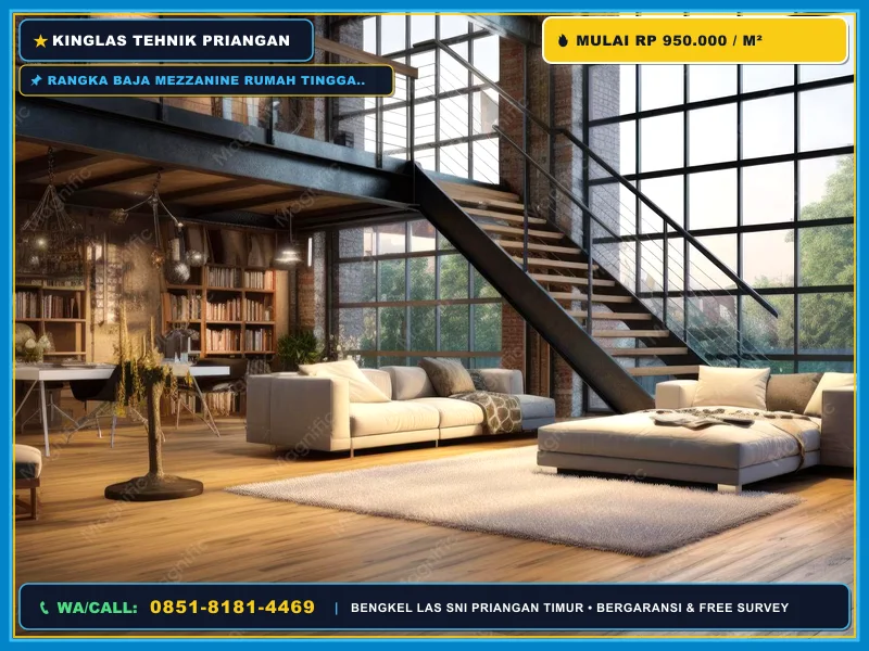 Rangka baja mezzanine rumah tinggal dengan lantai woodplank