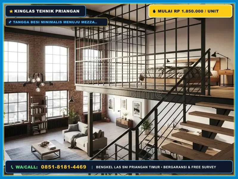 Tangga besi minimalis menuju mezzanine kamar tidur